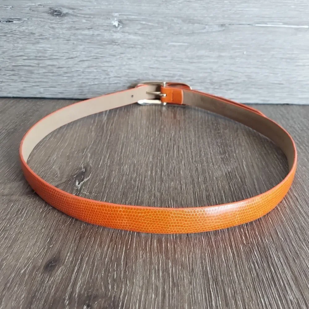 Iguana Print Orange Bonded Leather Skinny Belt Medium